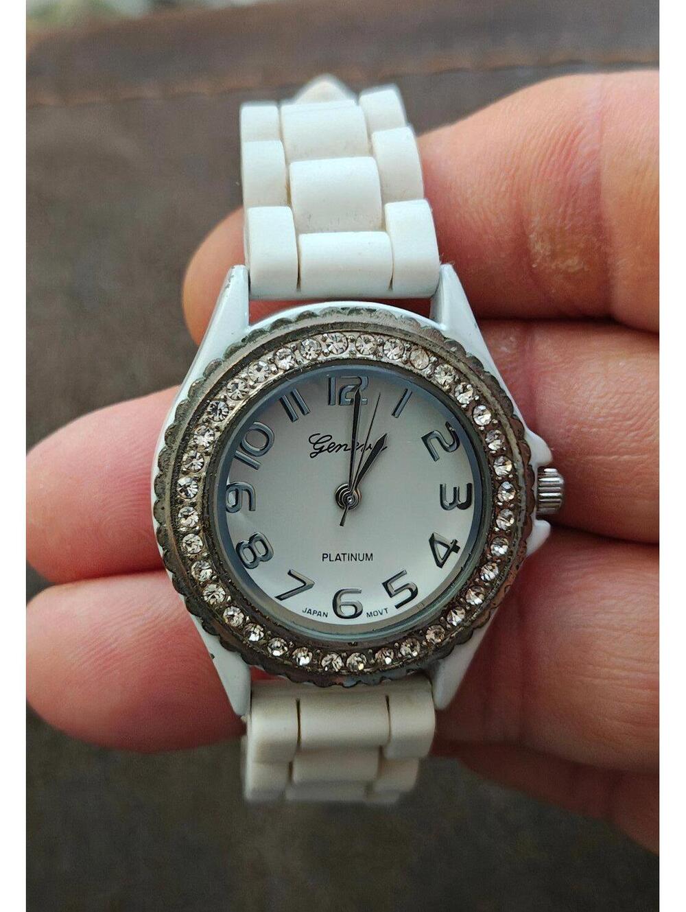 Geneva Platinum White Dial Rhinestone Encrusted White Silicone Band Ladies Watch